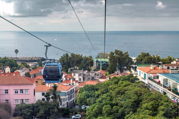 FUNCHAL, MADEIRA - AUGUST 24, 2021: These are the cabins of the cable car on Monte at the beginning of the ascent from the lower station.