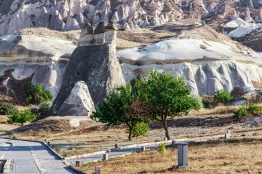 GOREME, TURKEY - 4 Ekim 2020: Bunlar Kapadokya 'daki Keşişler Vadisi' ndeki (Pasaba Vadisi) fantastik kayalar.
