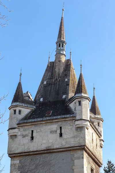 ハンガリーのブダペスト 2023年3月13日 これはヴァロスリジェ公園の折衷的な建物であるゴダフニャド城の時計塔の尖塔の上です — ストック写真
