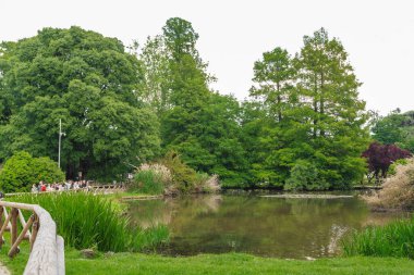 MİLAN, İTALYA 19 Mayıs 2018: Bu bir bahar akşamı Sempione Parkı 'ndaki bir park göleti.