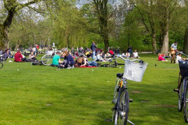 AMSTERDAM, NETHERLANDS - 9 Mayıs 2013: Bilinmeyen gençler Vondelpark 'ta dinleniyor.