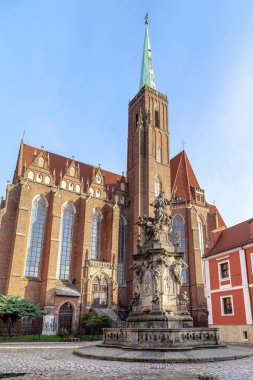 WROCLAW, POLAND - 4 Kasım 2023 Bu Aziz John 'un Kutsal Haç Katedrali ve St. Bartholomew Kilisesi' ndeki heykeli.