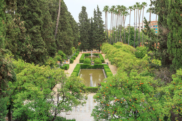 SEVILLE, SPAIN - MAY 21, 2017: This is a view of the Alcazar gardens.