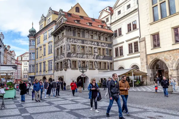 stock image PRAGUE, CZECH - OCTOBER 26, 2023: This is a fragment of Old Town Square with the House of the Minute, decotated with a two-color sgraffito pattern.