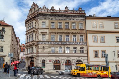 PRAGUE, CZECH - OCTOBER 26, 2023: This is a fashionable building of the 19th century in the neo-Renaissance style with sgraffito inserts on Malostanska Square. clipart