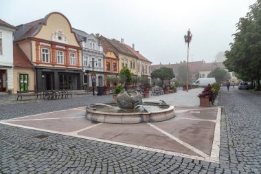 KOSZEG, HUNGARY - MAY 18, 2024: This is one of the modern fountains and the Maypole in the Main Square, shrouded in morning fog. clipart