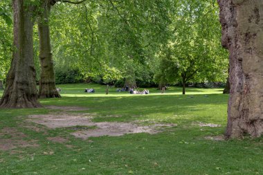 LONDON, GREAT BRITAIN - 12 Mayıs 2014: St. James 's Park' ın yüzyıllık uçak ağaçları arasında bahçede bir piknik yapan gençler grubu.