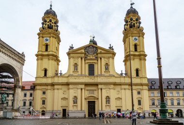 MUNICH, GERMANY - MAY 21, 2024: This is the Theatinerkirche (Collegiate Church of St. Cajetan) in the Italian late Baroque style on Odeonsplatz.