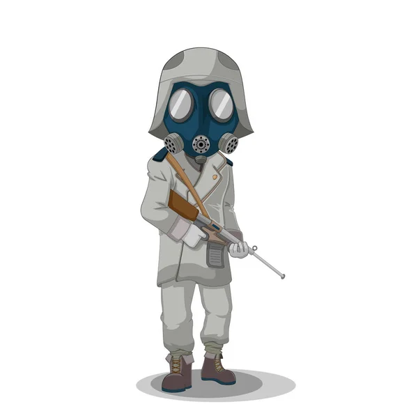 Soldat Gas Mask Stand Cartoon Characters Isolate Vector — Stock vektor