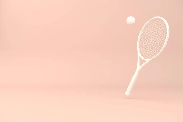 White tennis racket and ball on pink background 3d render. Minimal concept.