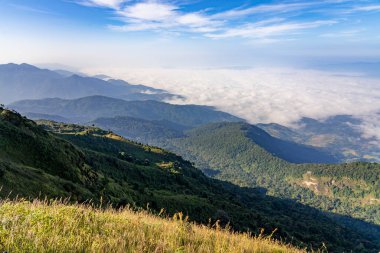 Tayland 'ın kuzey sıradağlarının manzarası, Tayland' ın Chiang Mai kentindeki Doi Inthanon Dağı 'ndaki Kew Mae Pan Doğa Yolu' nun tepesinden görüldü.