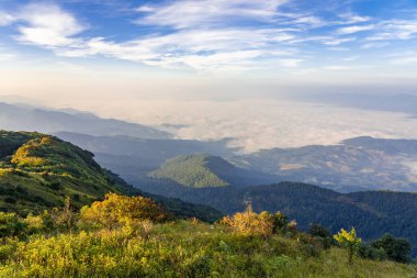 Tayland 'ın kuzey sıradağlarının manzarası, Tayland' ın Chiang Mai kentindeki Doi Inthanon Dağı 'ndaki Kew Mae Pan Doğa Yolu' nun tepesinden görüldü.