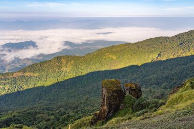 Tayland 'ın kuzey sıradağlarının manzarası, Tayland' ın Chiang Mai kentindeki Doi Inthanon Dağı 'ndaki Kew Mae Pan Doğa Yolu' nun tepesinden görüldü.