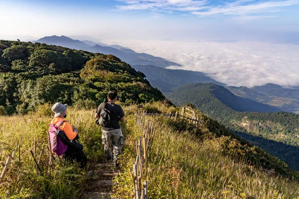 stock image Chiang Mai, Thailand - 2 November 2022 - Visitors hike on the trail path of Kew Mae Pan Nature Trail at Doi Inthanon mountain in Chiang Mai, Thailand