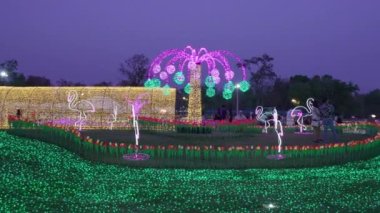 Chiang Mai, Thailand - 16 December 2022 - People enjoy beautiful night light display at Charming Chiang Mai Flower Festival in Chiang Mai, Thailand on December 16, 2022