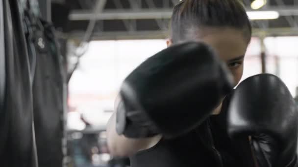 Young Attractive Female Boxer Black Outfit Practicing Punching Kicking Her — Stock Video
