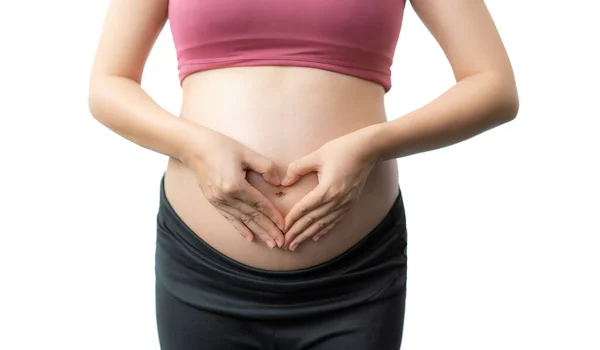 Close Happy Pregnant Woman Fitness Clothes Standing Using Her Hands — Stock Photo, Image
