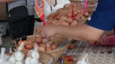 Chiang Mai, Tayland - 28 Mayıs 2023 - Yerel çiftçi, Chiang Mai, Tayland 'da bir çiftçi pazarında müşterilerine satmadan önce yumurta kartonuna tavuk yumurtası koyar. 
