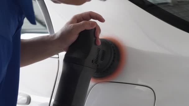 Close Hands Man Using Electric Car Wax Polisher Wax Car — Stock Video