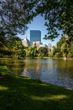 Boston, ABD - 01 Eylül - Boston Halk Bahçesi 'nden görünen açık mavi gökyüzü üzerinde uzak şehir gökyüzü görüntüsü