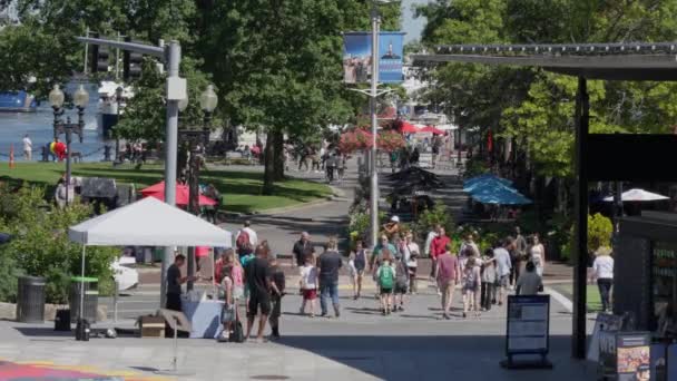 ボストン 2023年9月2日 歩行者はクインシー マーケットの前に通りを歩き マリオット ロング ワーフに向かいます — ストック動画