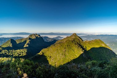 Gün doğarken Doi Luang Chiang Dao 'nun tepesinden ön planda ağaçlar ve çalılar ve arka planda güzel sıradağlar görünüyor.