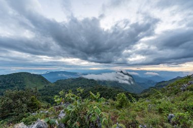 Akşam günbatımında Doi Luang Chiang Dao 'nun tepesinden ön planda ağaçlar ve çalılar ve arka planda dramatik bulutlar görünür.