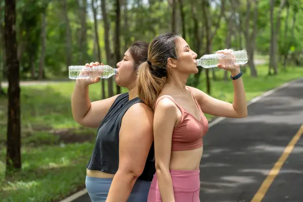 两名亚洲妇女早上从塑料水瓶里喝水时靠着背 跑到当地的一个公园里去了 图库照片