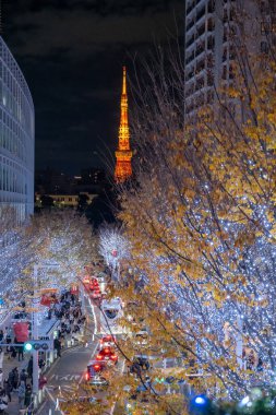 Tokyo, Japonya - 14 Aralık 2024 - Geceleyin Roppongi yolunun yukarısından Noel ışıkları süslenmiş ağaçlarla Tokyo Kulesi manzarası