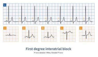 Birinci derece interatriyal blok oluştuğunda, sağ atriyumdan sol atriyuma iletim süresi uzatılır, P dalgası genişler ve bimodal P dalgası ECG değişimi meydana gelir.