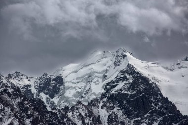 Tien Shan dağlarının karlı zirveleriyle manzara.