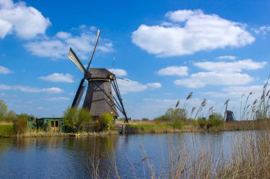 Hollanda 'nın ünlü Kinderdijk turistik bölgesinde yel değirmenleriyle kırsal alan. Bu 19 yel değirmeninden oluşan sistem 1740 'larda inşa edildi ve UNESCO' nun mirası haline geldi.