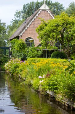 GIETHOORN, NETHERLANDS - evlerin ve bahçelerin tipik Hollanda ilçesi