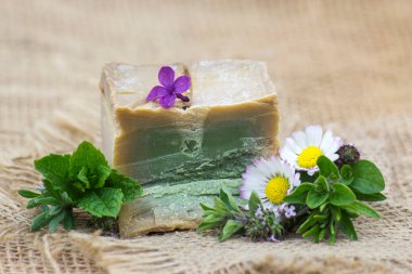 Doğal sabun, bitkiler ve çiçekler.