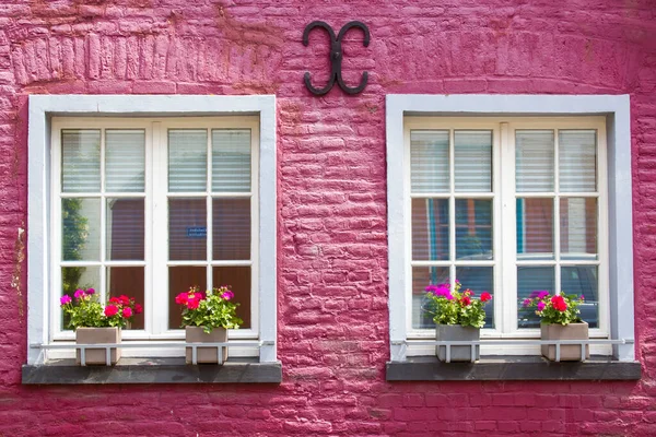 德国Wachtendonk有花卉窗户的粉红房子 — 图库照片