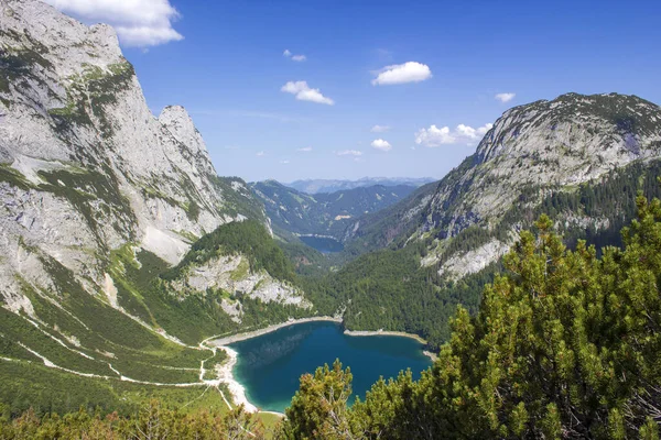 Vista Aérea Panorâmica Lago Gosau Nos Alpes Austríacos Região Dachstein — Fotografia de Stock
