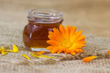 Bir kavanoz bal ve çiçek.