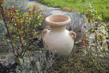 Bahçede çiçek tarhı - güller, lavanta çiçekleri ve kil çömlek - bahar zamanı