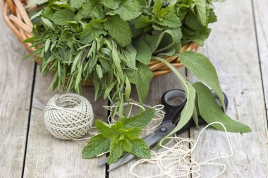 Ahşap arka plan üzerinde makas ve dize ile taze hasat otlar