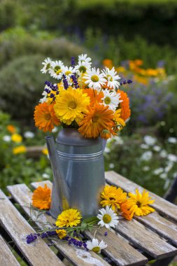Su kutusundaki güzel yaz çiçekleri bulanık çiçek arkaplanına karşı masada.