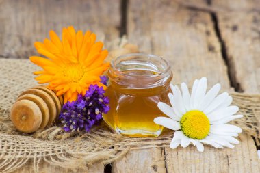 Bal ve çiçekler - calendula, lavanta papatyaları