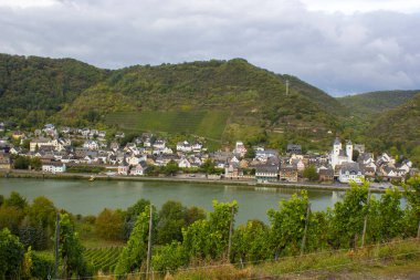 Almanya 'nın Rhineland-Palatinate kentindeki Moselle nehri ile Treis-Karden şehri manzarası