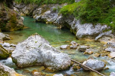Tolminska Korita - Tolmika dağı nehri. Tolmin vadileri, Triglav Ulusal Parkı, Slovenya