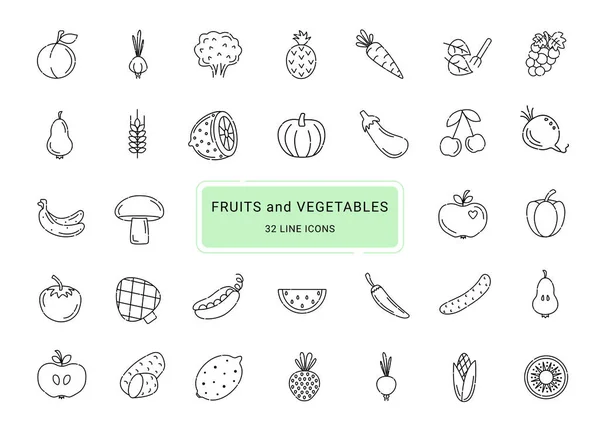 Frutas Legumes Ícones Vetoriais Linha — Vetor de Stock