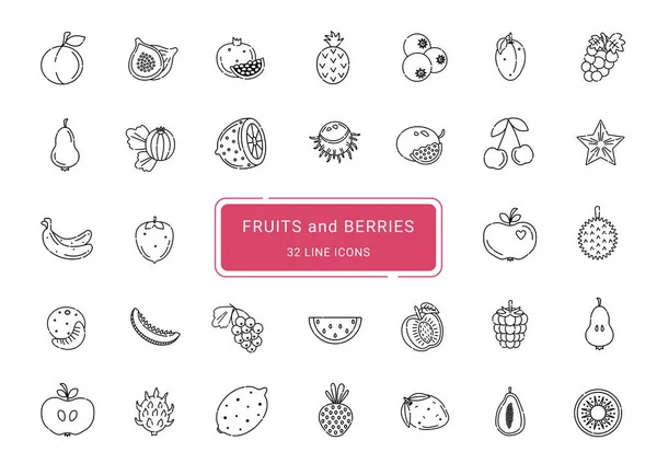 Vruchten Bessen Lijn Vector Pictogrammen — Stockvector