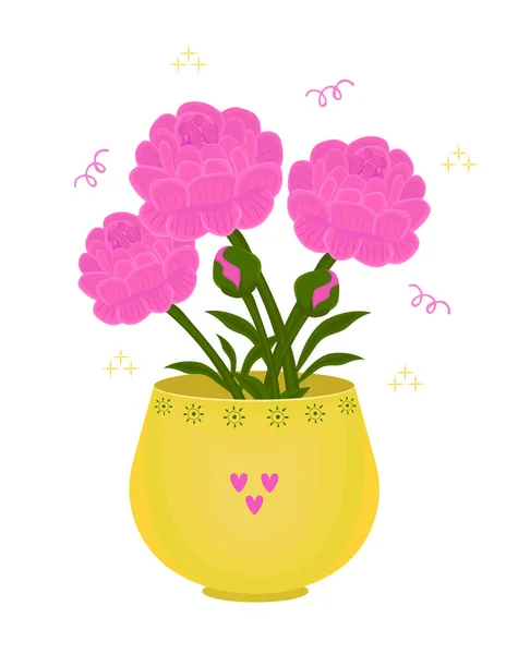黄色の花瓶にピンクの牡丹の花束 — ストックベクタ