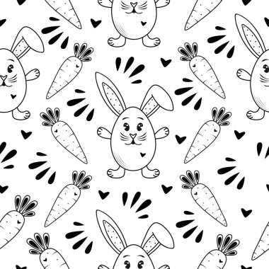 Sevimli tavşan ve havuç, siyah ve beyaz dikişsiz desen