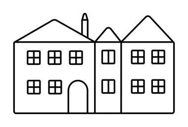 Avrupa mimarisi, üç şirin ev, basit siyah çizgi vektör illüstrasyonu