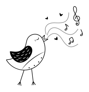 Black and white singing nightingale with notes, vector monochrome illustration for music lovers