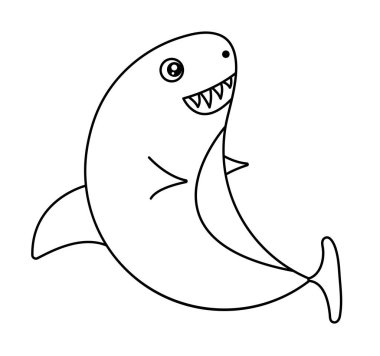 Black line cute shark, monochrome vector illustration